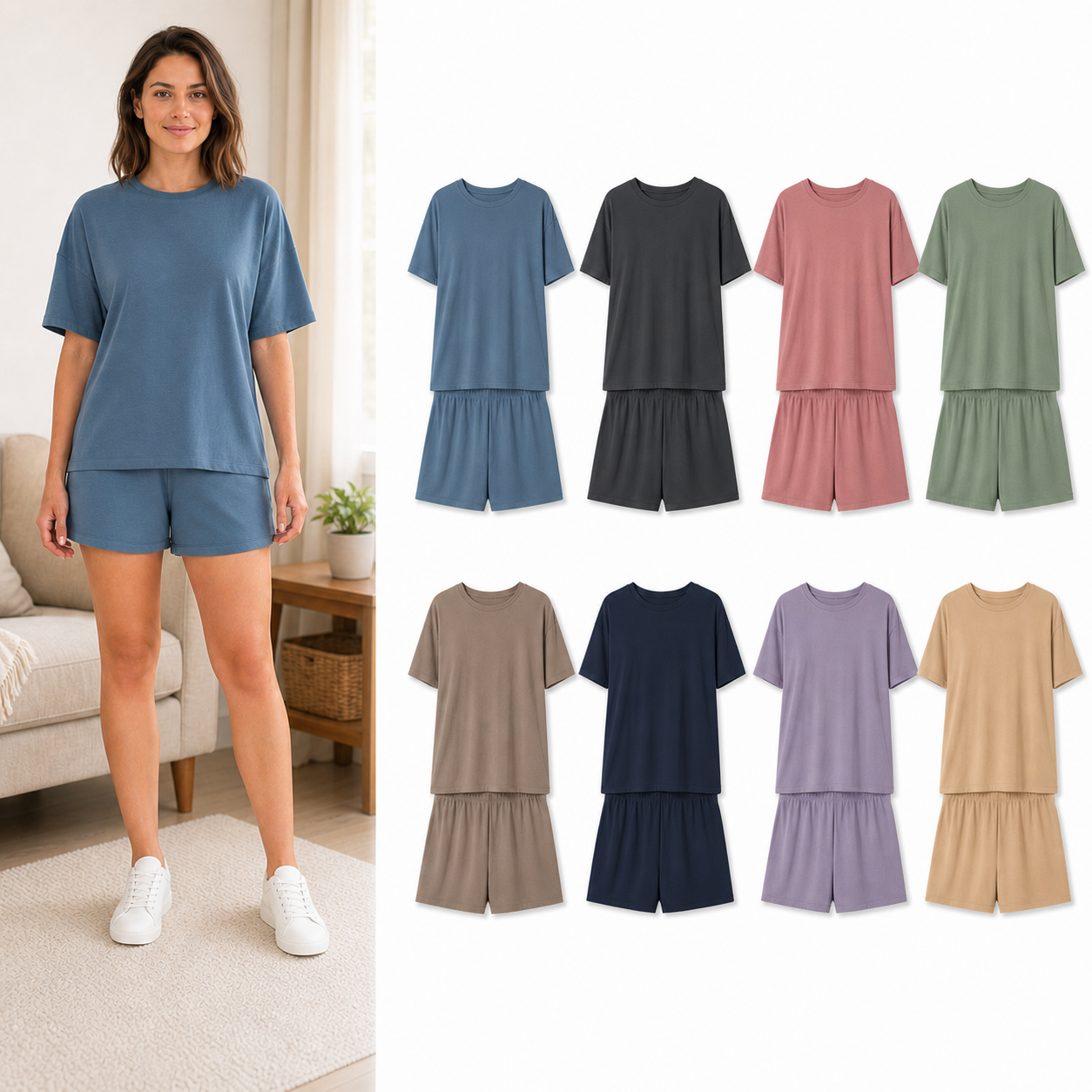 Eight-color women's relaxed top and shorts set