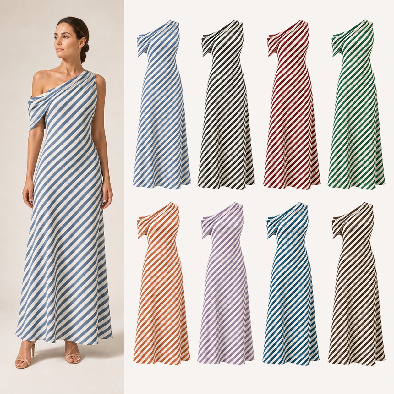 Women's diagonal stripe one-shoulder maxi dress mixed eight pack