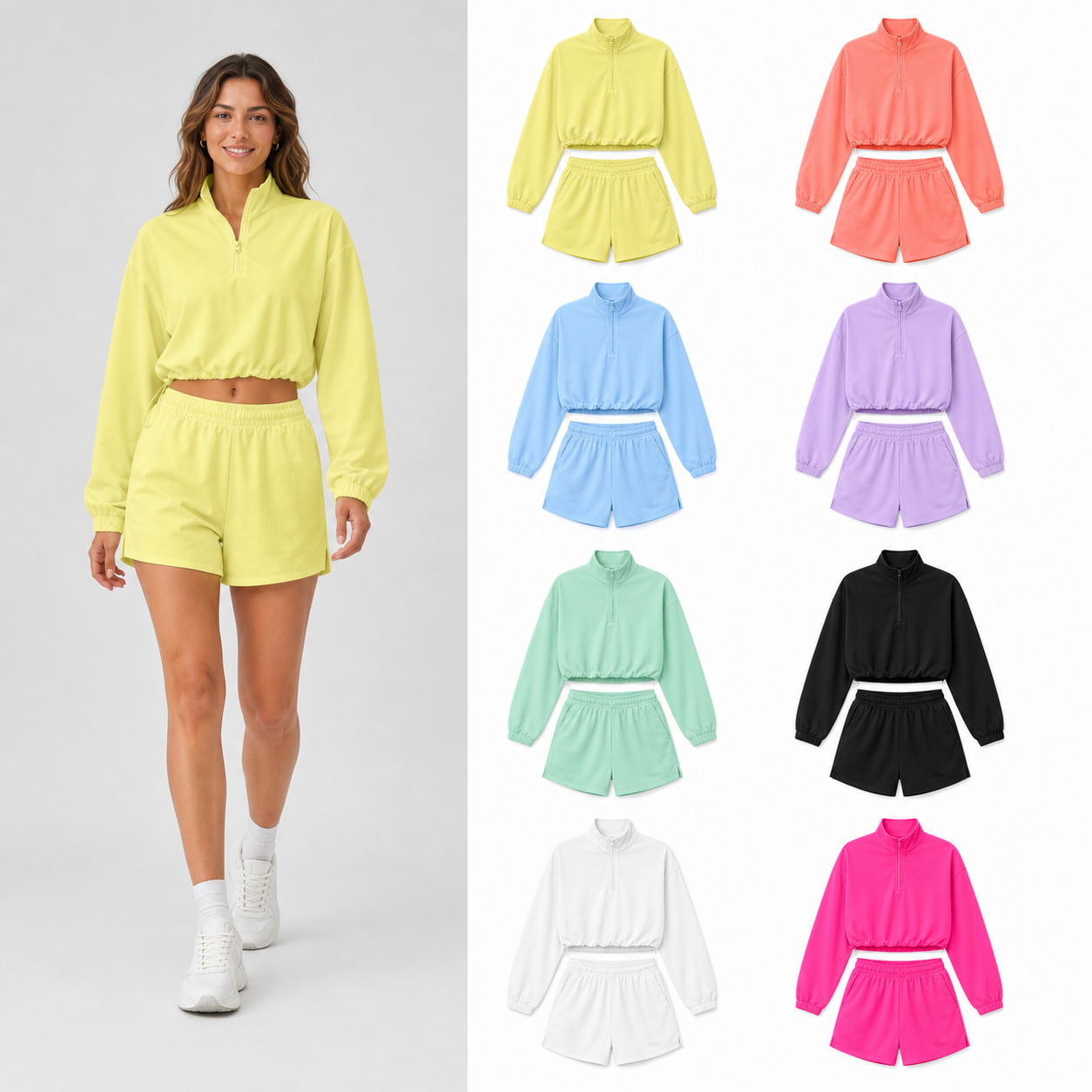 Women's half-zip two-piece shorts set mixed eight pack