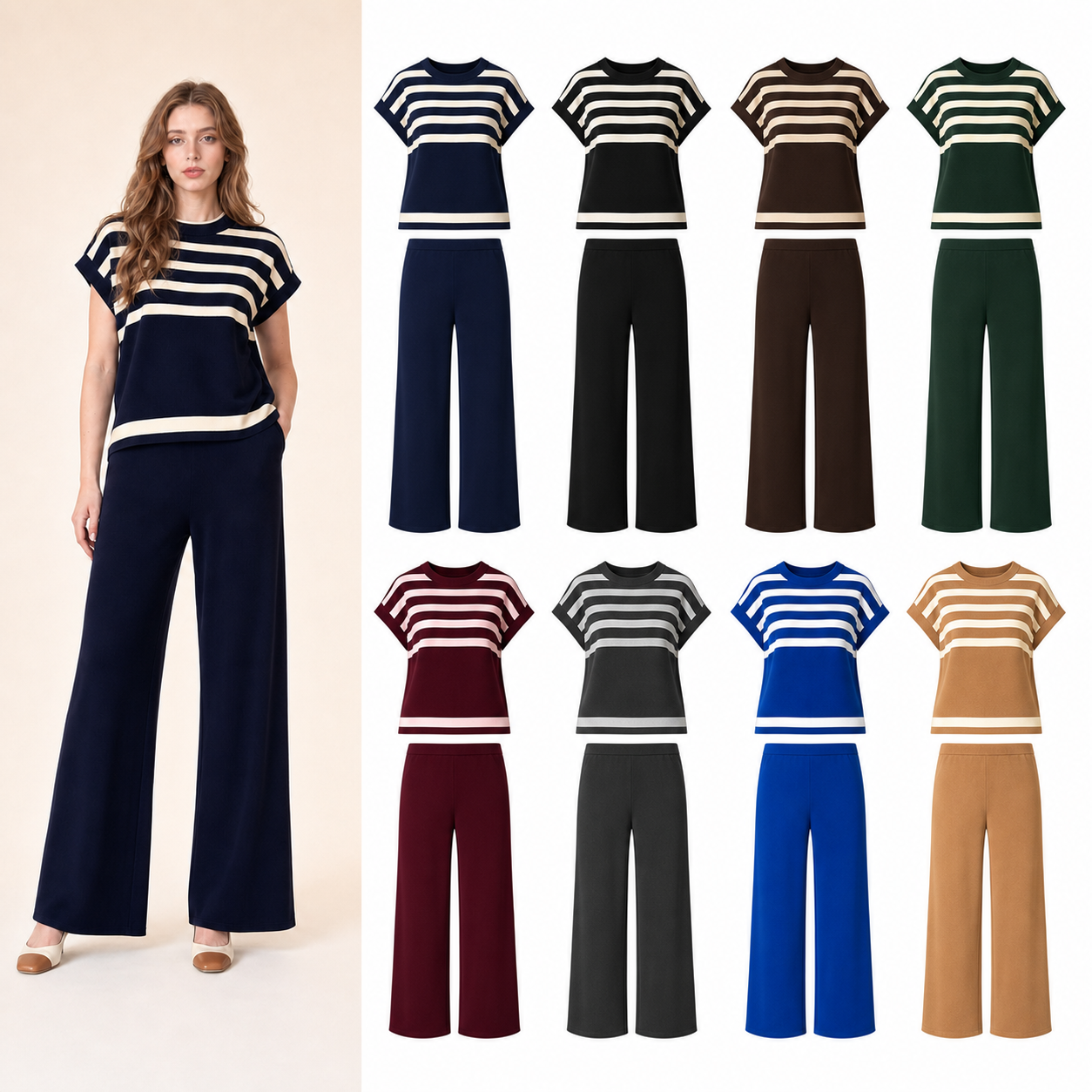 Women's striped knit top and wide-leg pants eight-color pack