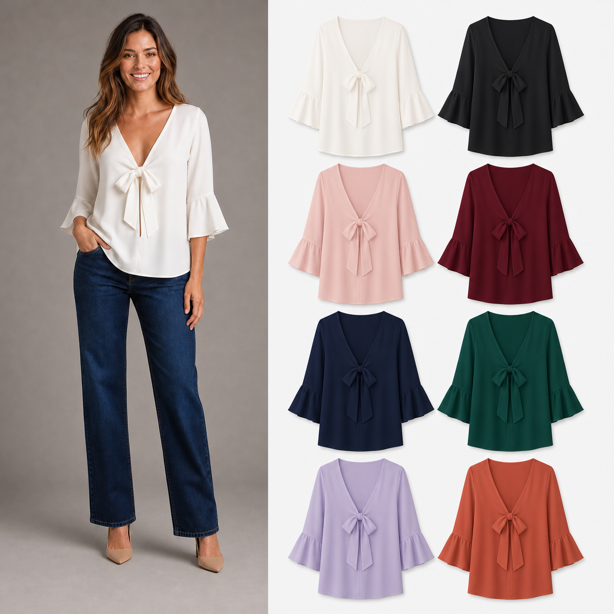 Women's tie-front bell-sleeve blouse mixed eight-color pack