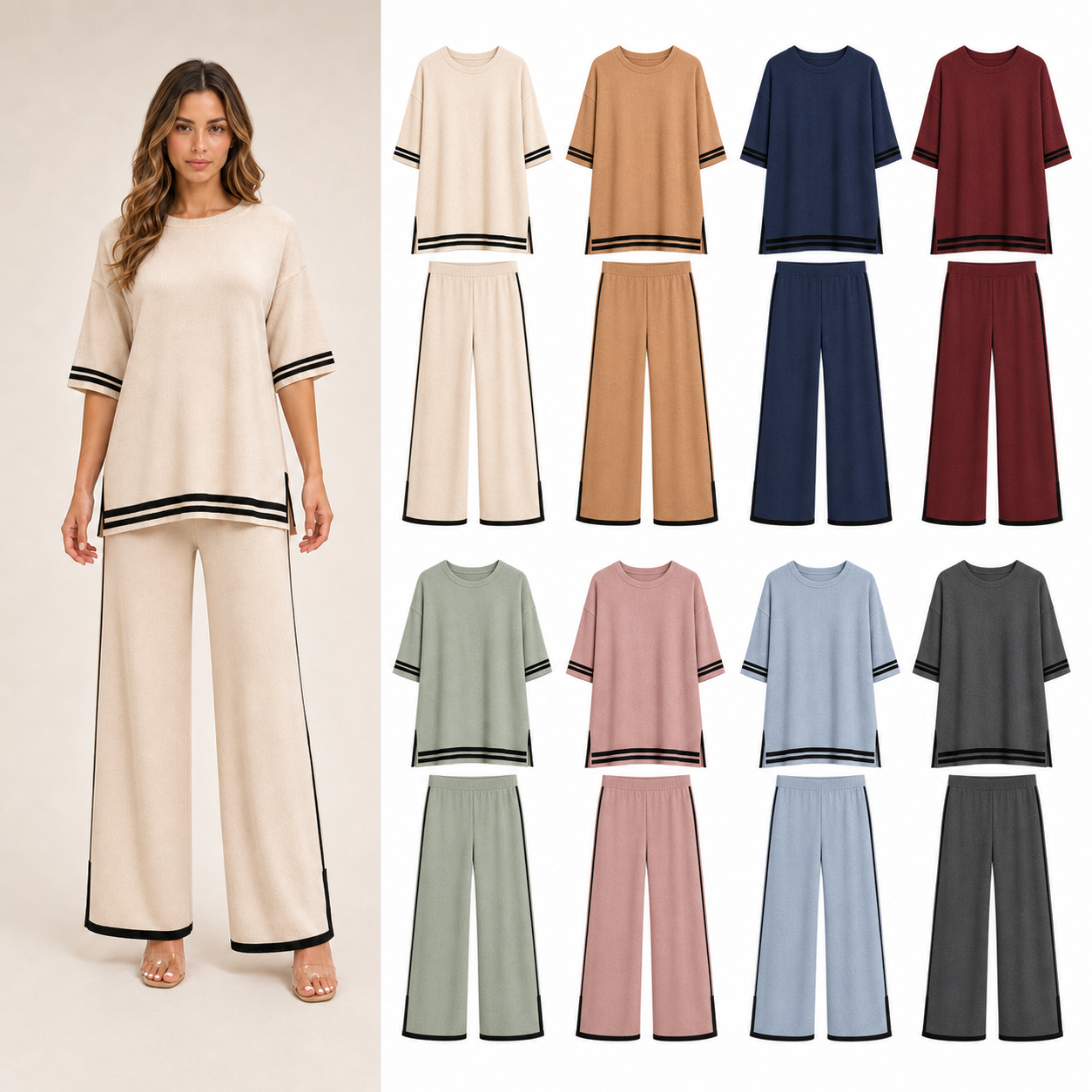 Women's contrast trim knit pants set mixed eight pack