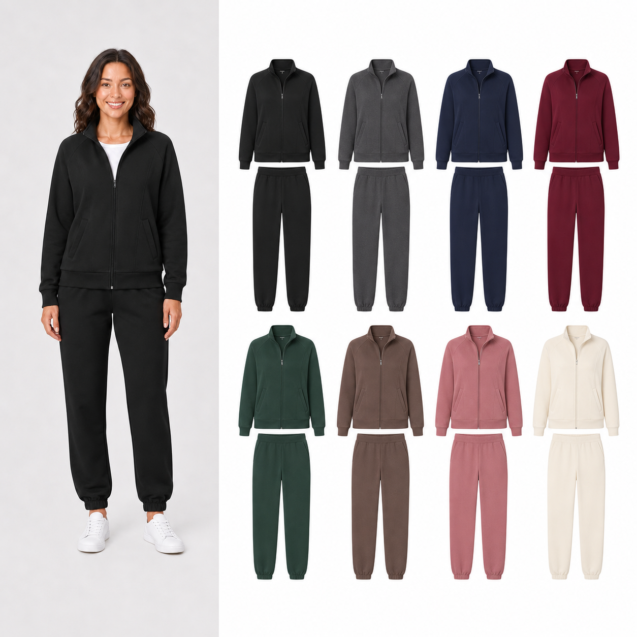 Eight-color pack of women's full-zip jacket and jogger sets