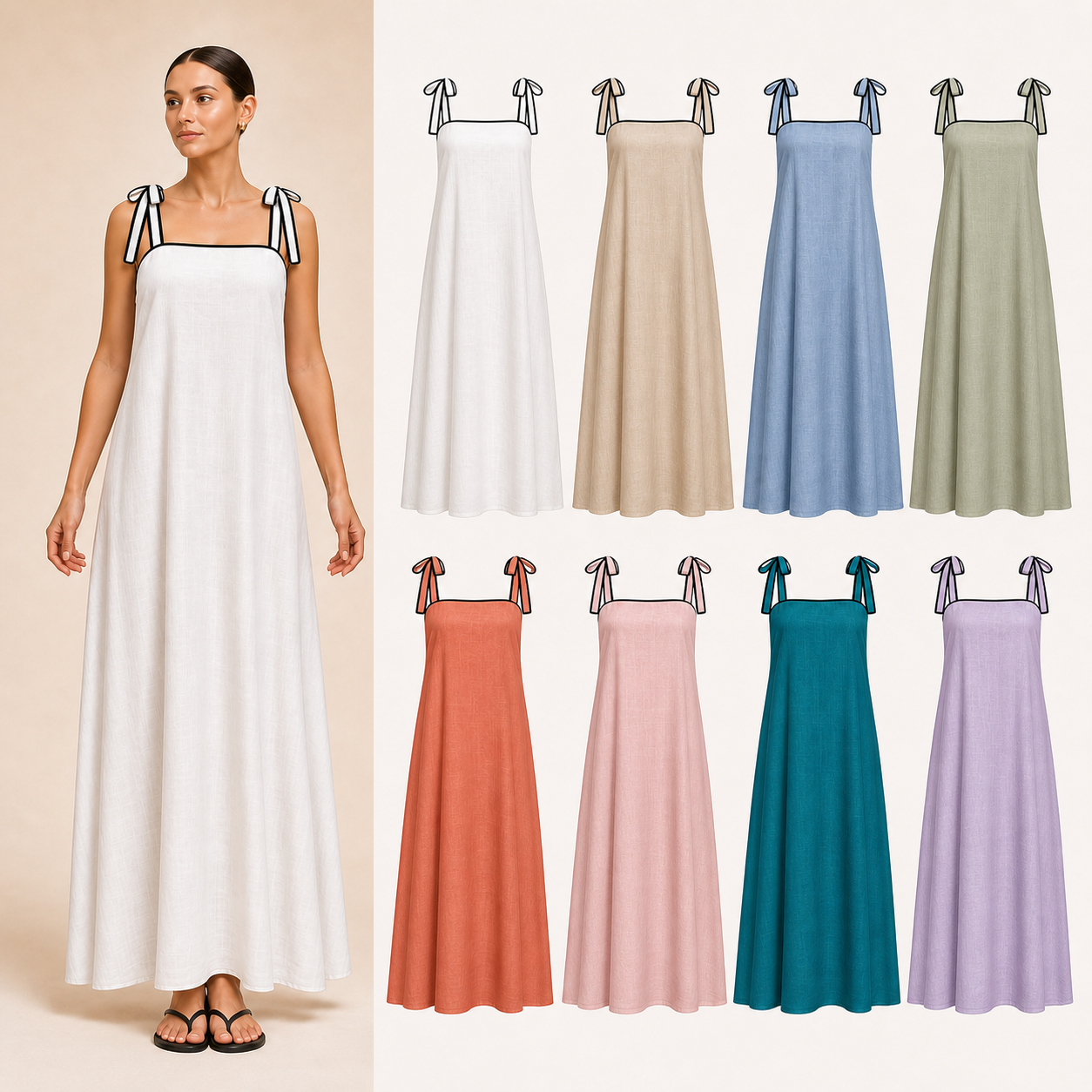 Women's contrast-trim tie-shoulder maxi dress mixed eight pack