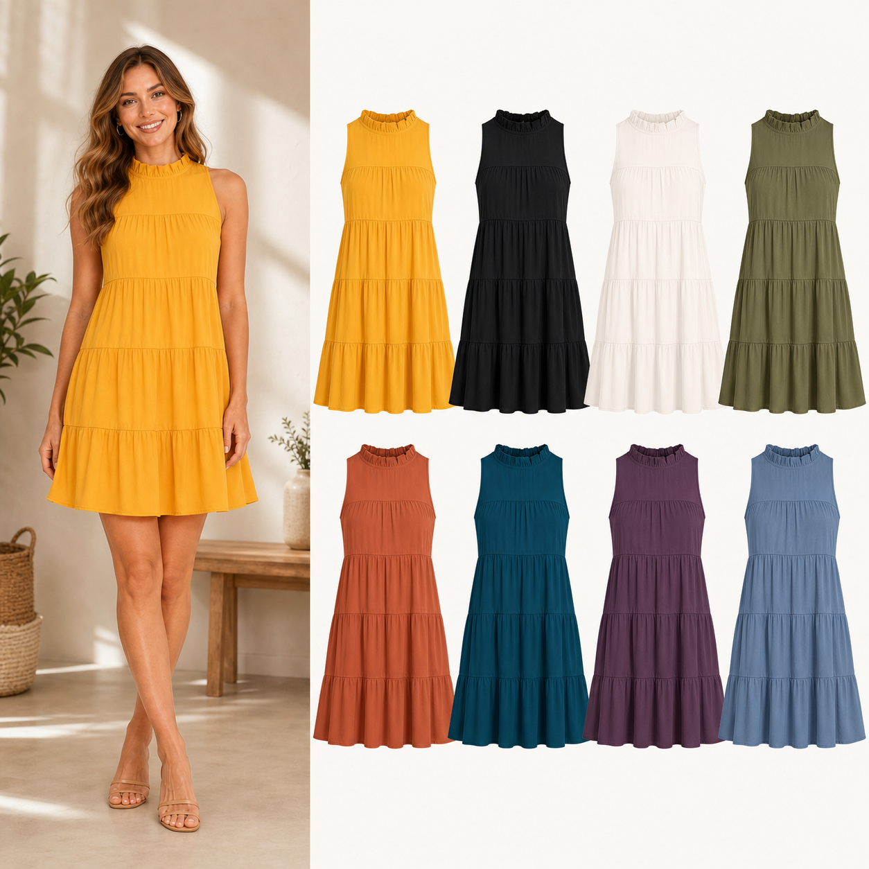 Women's ruffled mock neck tiered mini dress mixed eight pack