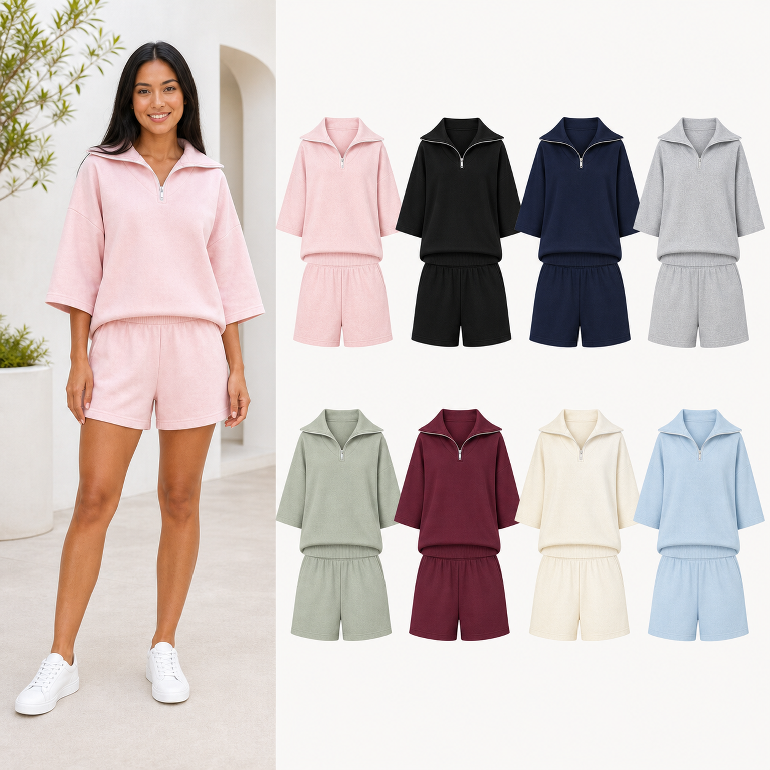 Women's half-zip wide-sleeve shorts set mixed eight pack