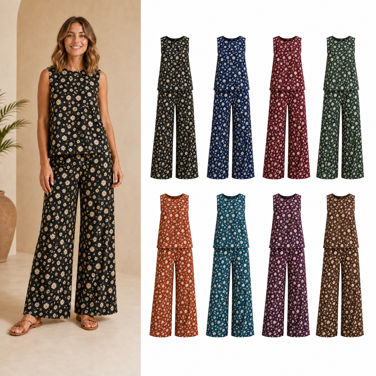 Women's daisy print sleeveless wide-leg set eight-color pack
