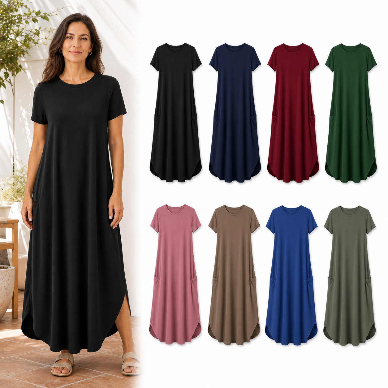 Eight-color women's relaxed pocket maxi dress set