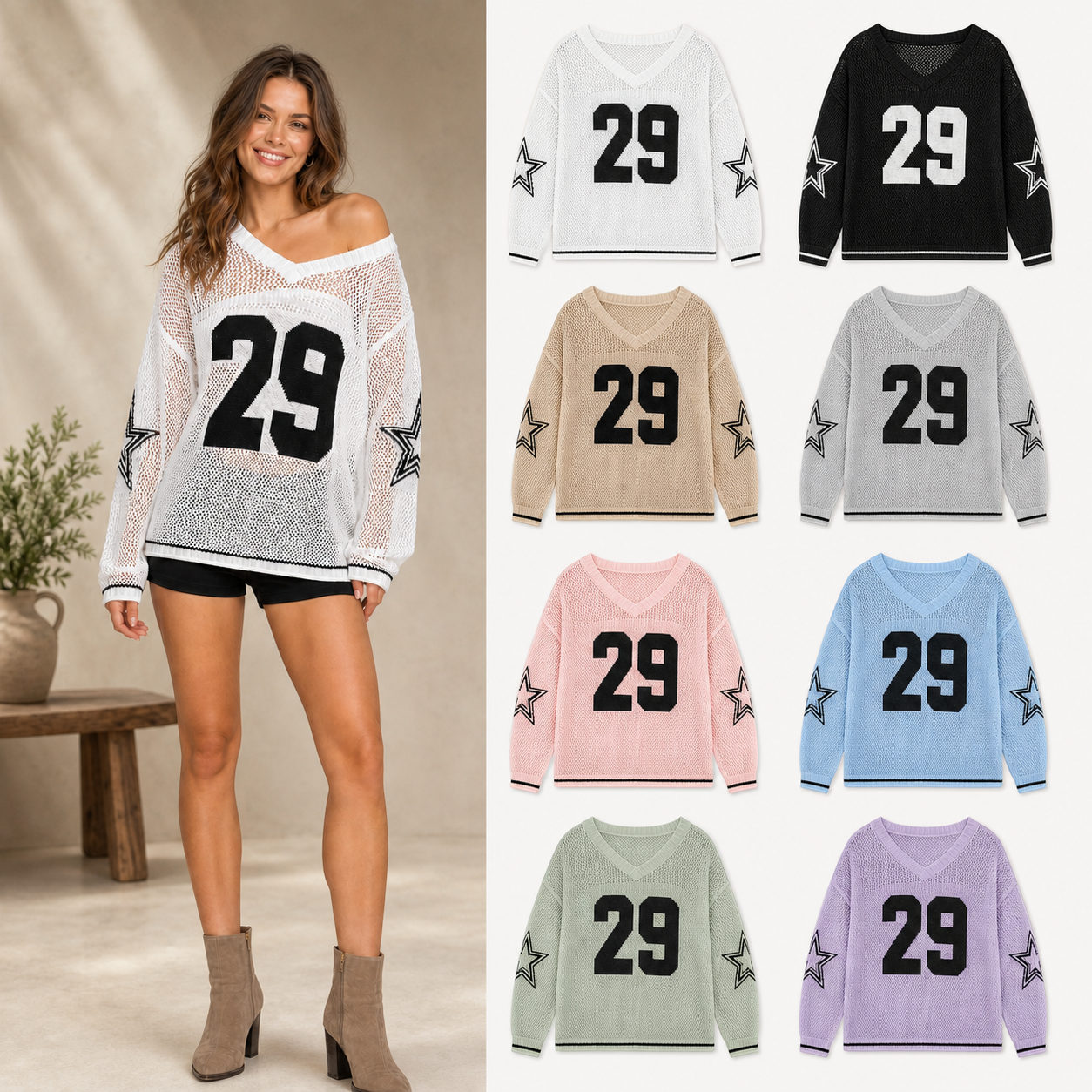 Women's open knit number 29 star sweater mixed eight pack