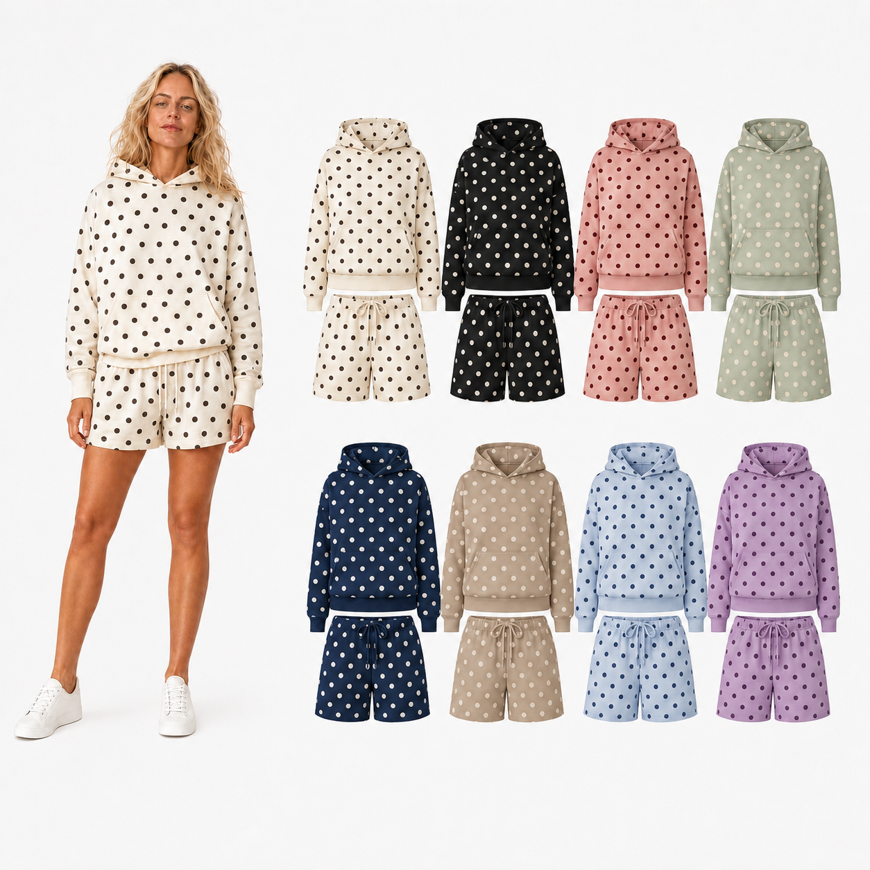 Women's polka dot hoodie shorts set mixed eight pack