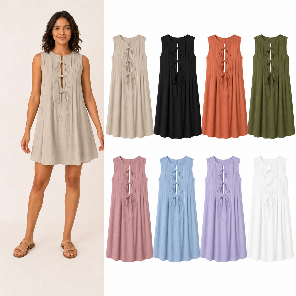 Women's tie-front pintuck mini dress mixed eight pack