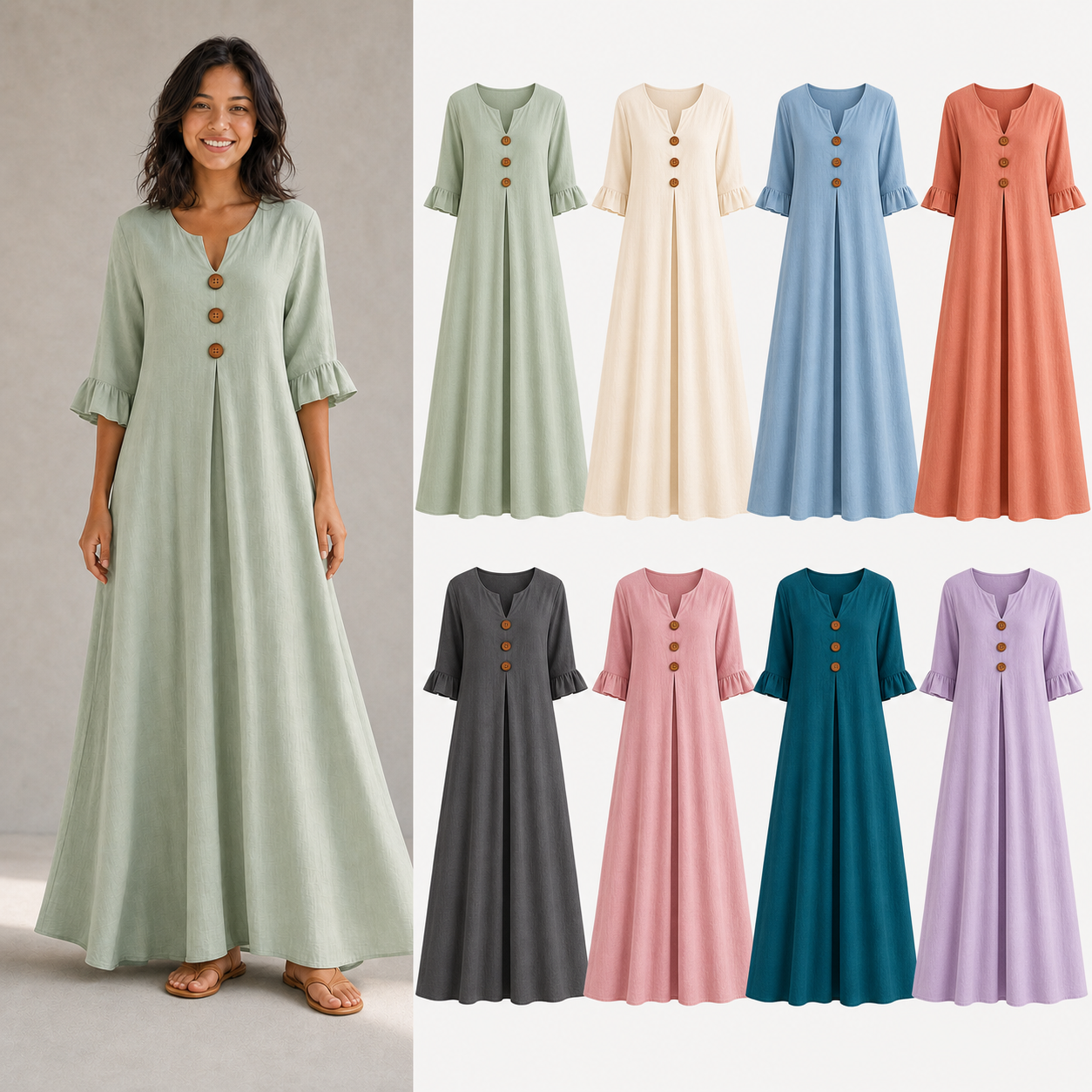 Women's wood-button ruffle-sleeve maxi dress mixed eight pack