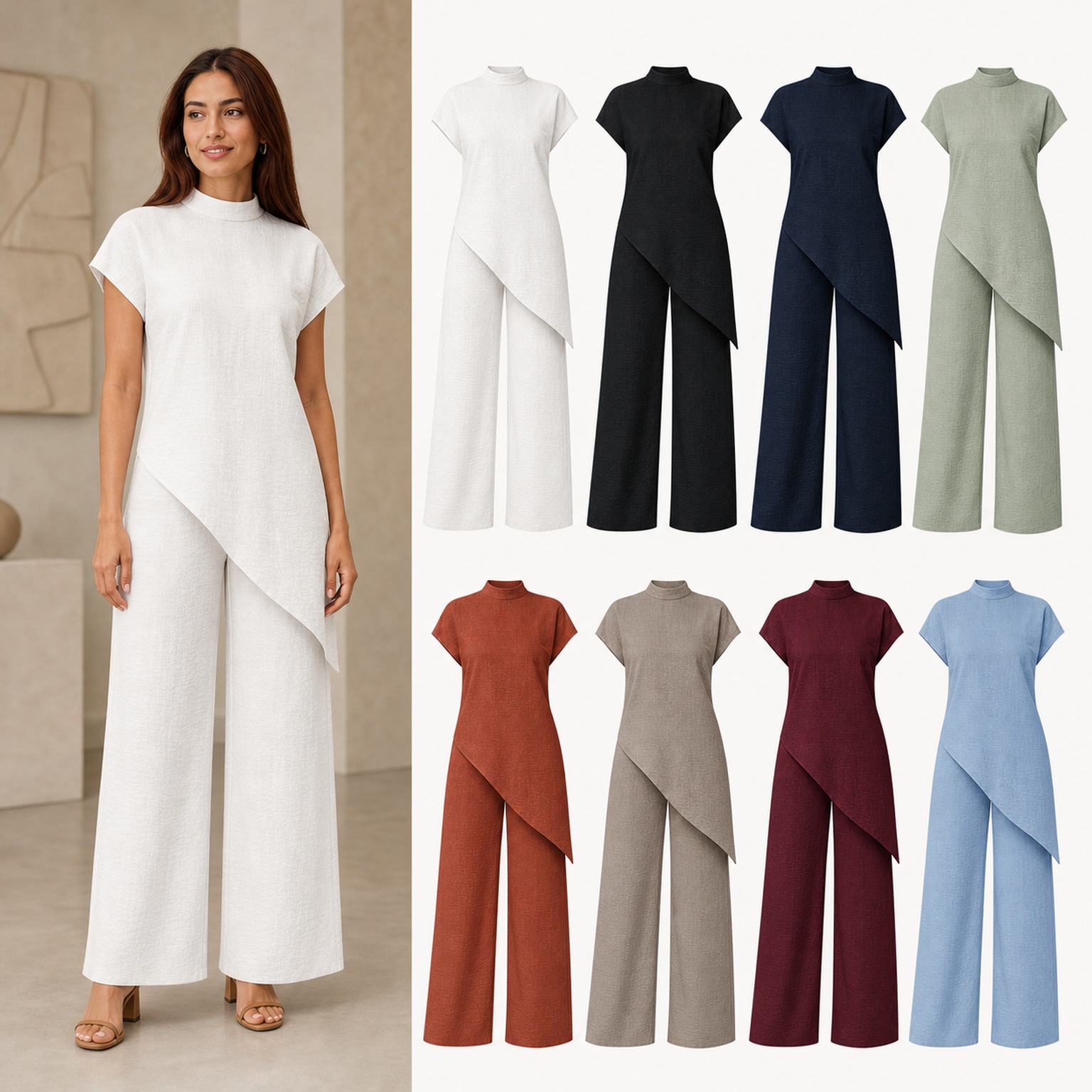 Women's mock-neck asymmetric wide-leg pants set mixed eight pack