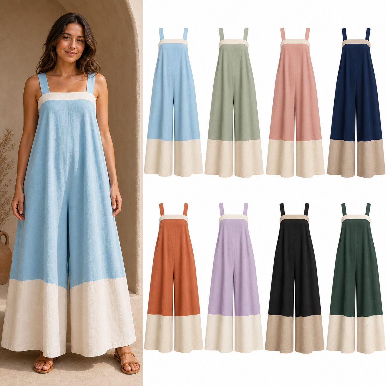Women's colorblock wide-leg jumpsuit eight-color pack