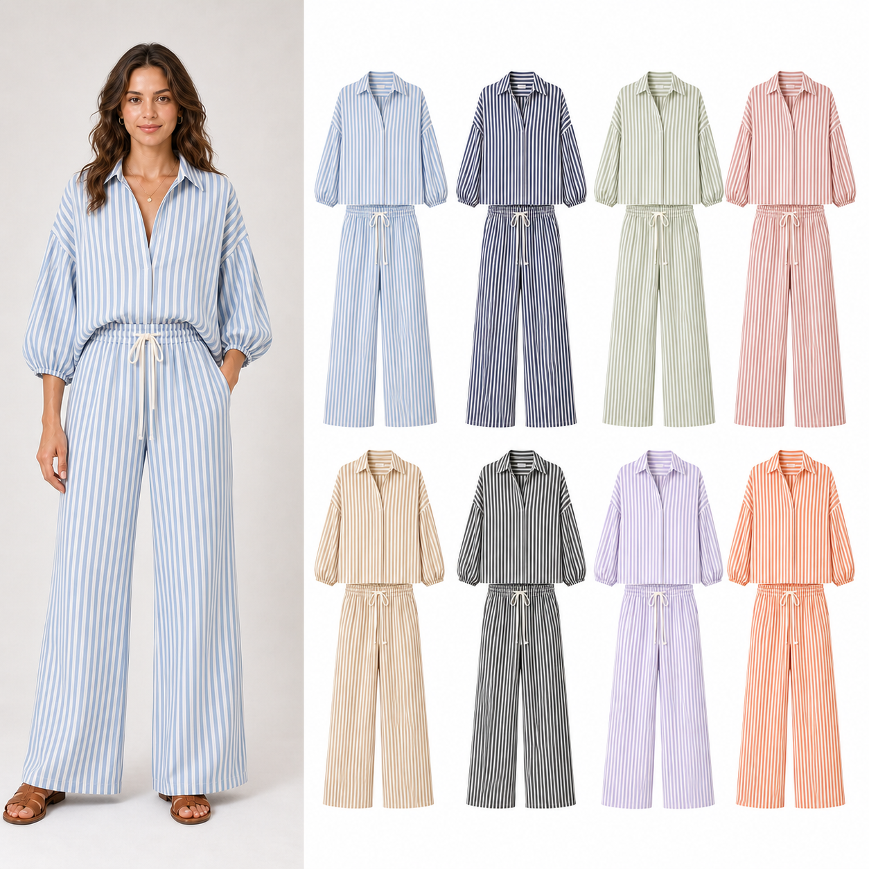 Women's striped shirt and wide leg pants mixed eight pack