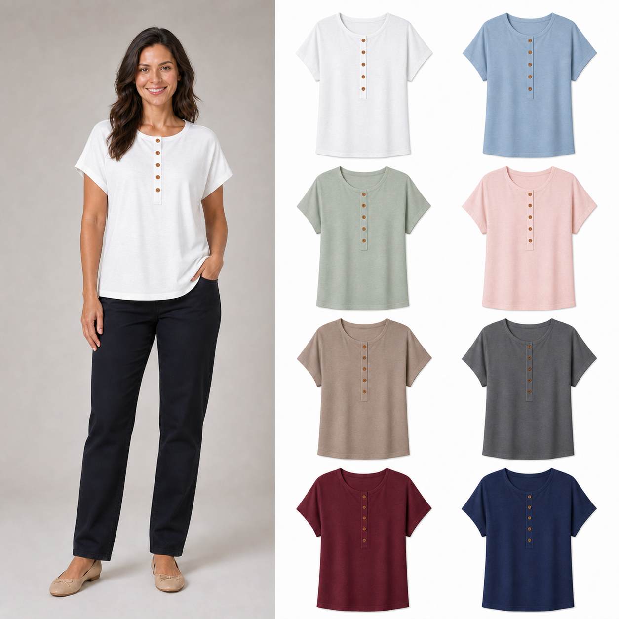 Women's button Henley dolman top mixed eight pack