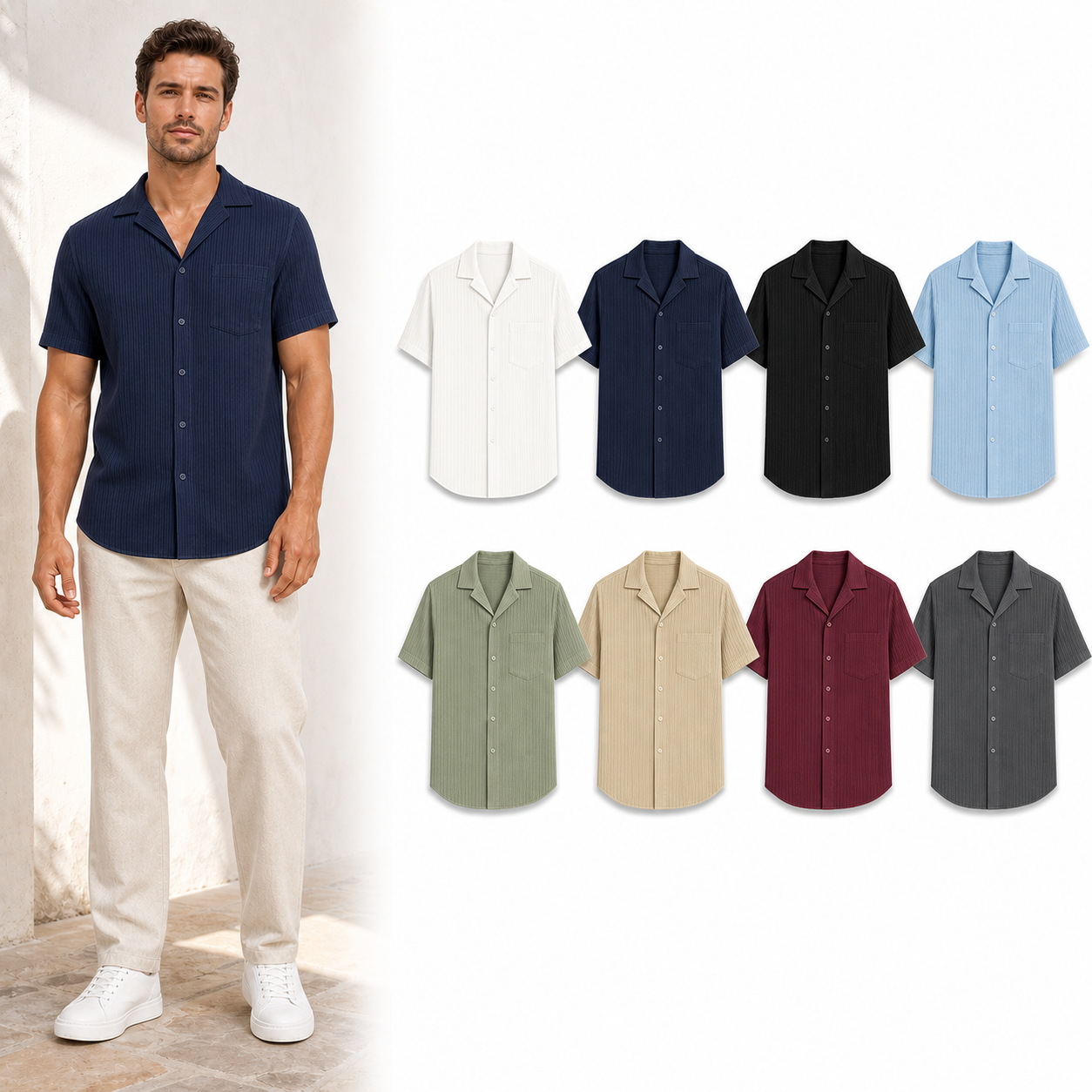 Eight color men's pleated texture shirt set