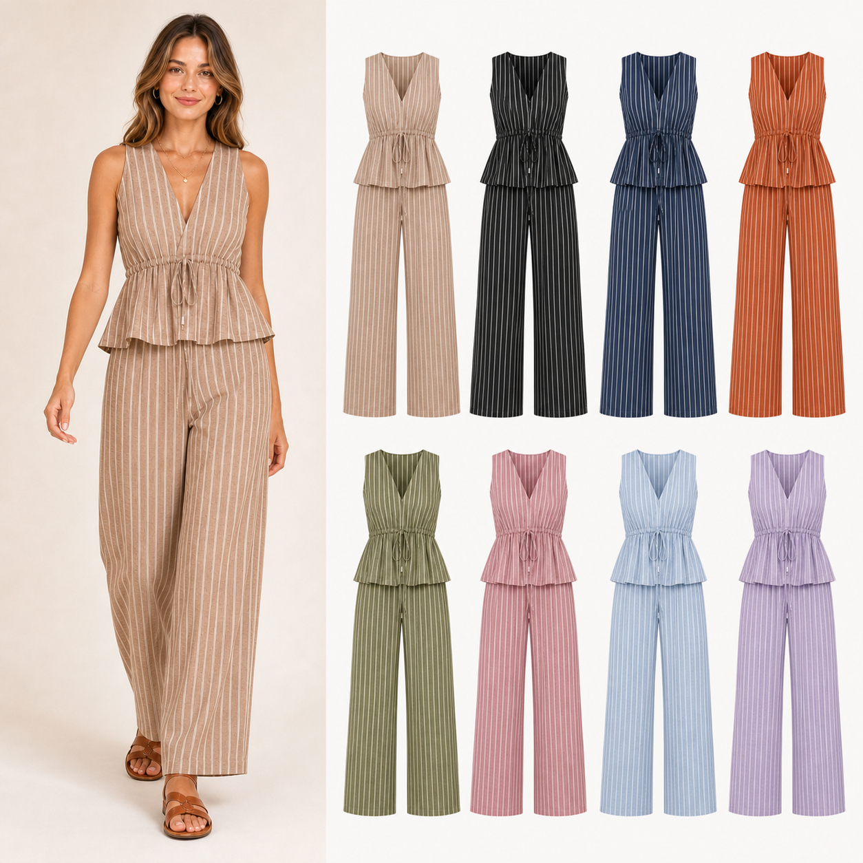 Women's pinstripe peplum wide leg pants set mixed eight pack