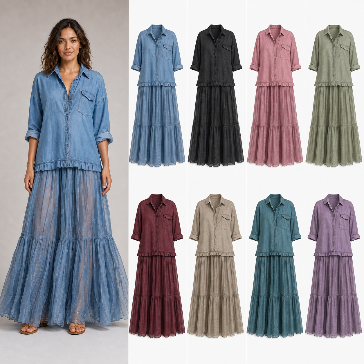 Women's ruffle shirt and tiered maxi skirt set mixed eight pack