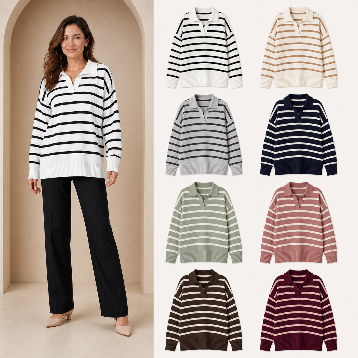 Women's striped collared knit top eight-color pack