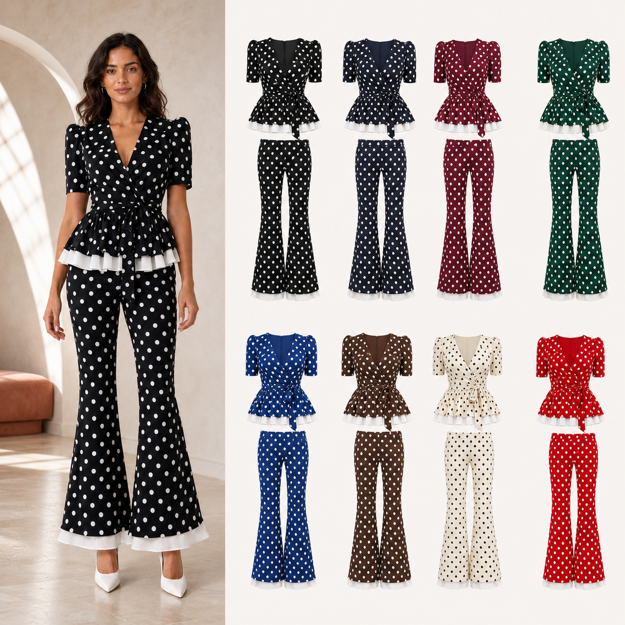 Women's polka dot peplum and flare pants mixed eight pack