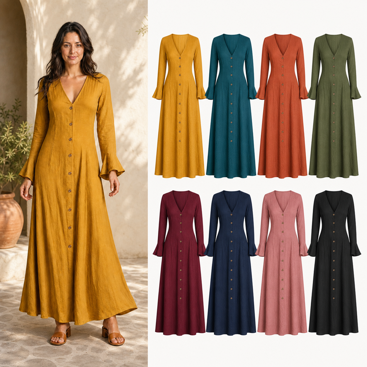 Women's V-neck bell-sleeve maxi dress mixed eight pack
