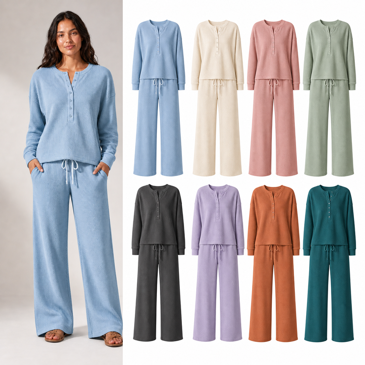 Women's waffle Henley wide-leg lounge set mixed eight pack
