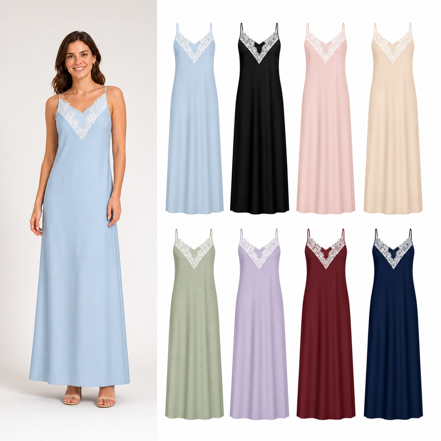 Women's lace trim slip maxi dress mixed eight pack