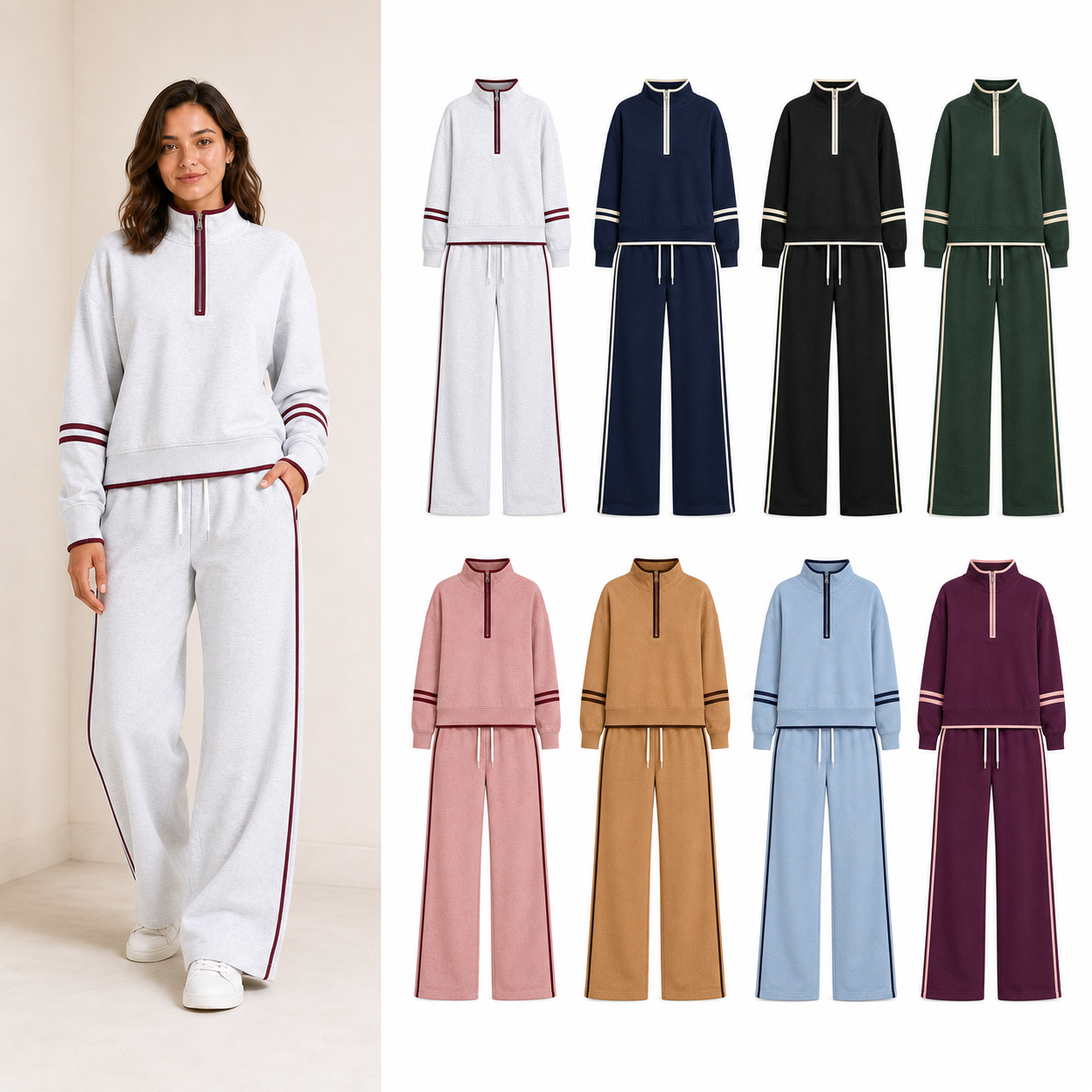 Women's contrast half-zip wide-leg set mixed eight pack