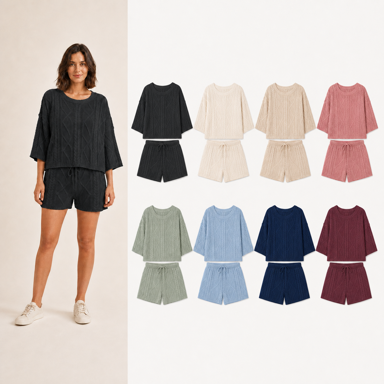 Women's openwork cable-knit top and shorts mixed eight pack