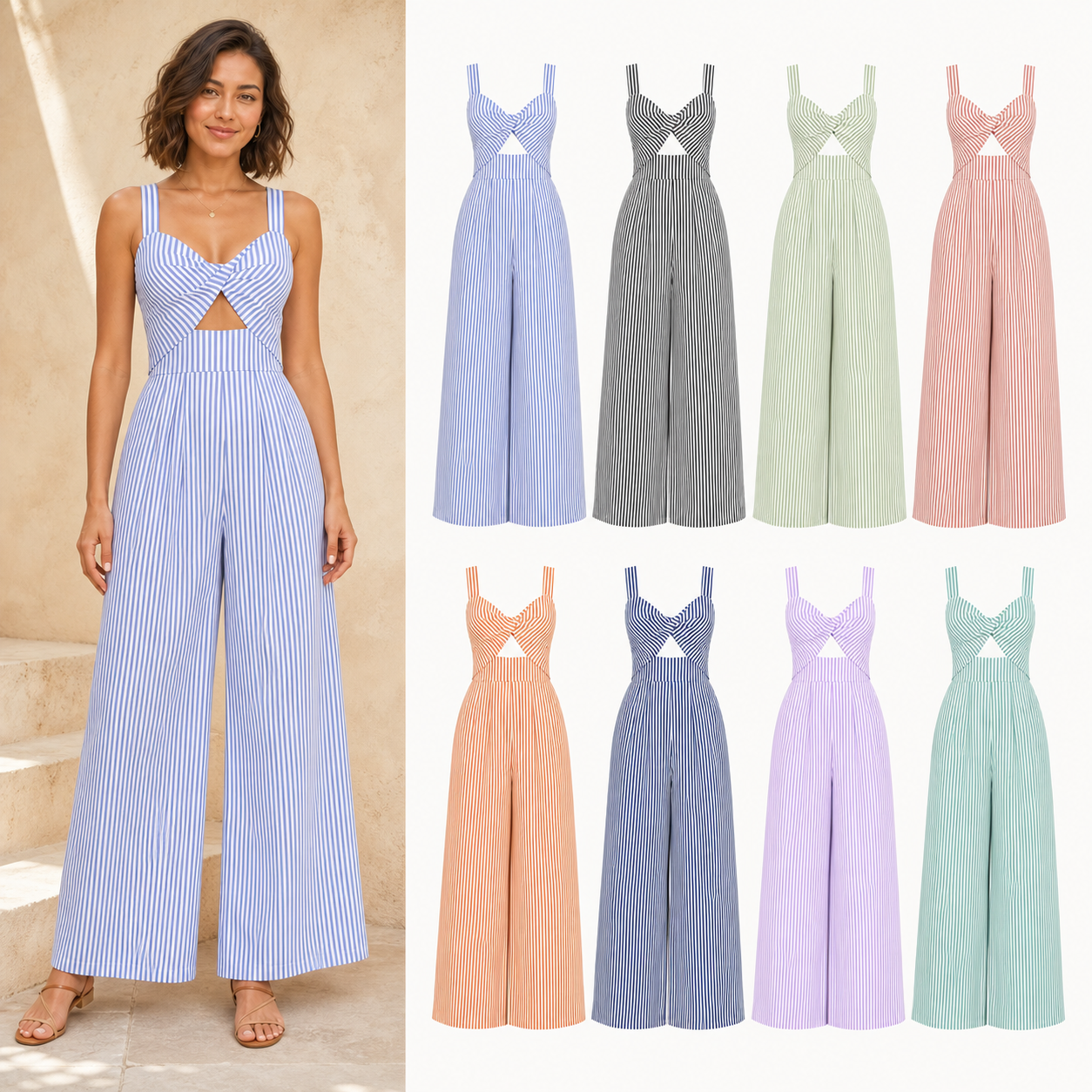 Women's striped twist-front wide-leg jumpsuit eight-color pack