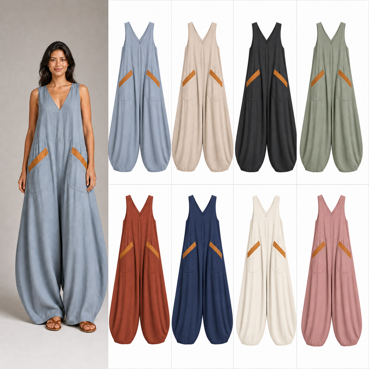 Women's contrast-pocket wide-leg jumpsuit mixed eight pack