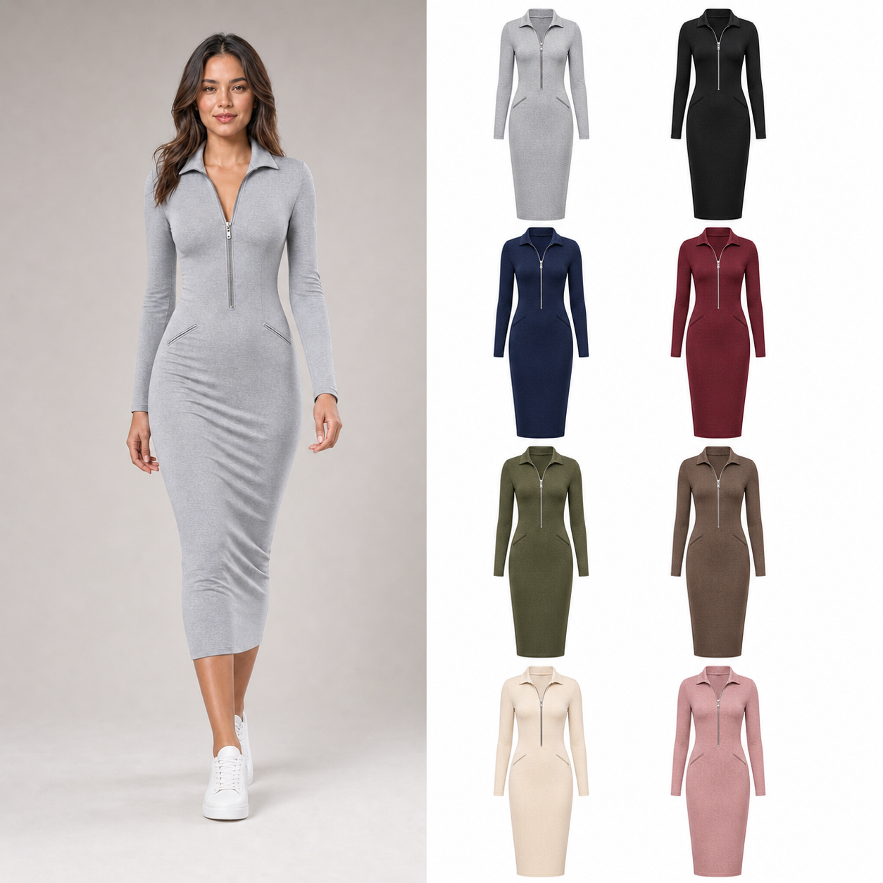 Women's half-zip collared bodycon midi dress mixed eight pack