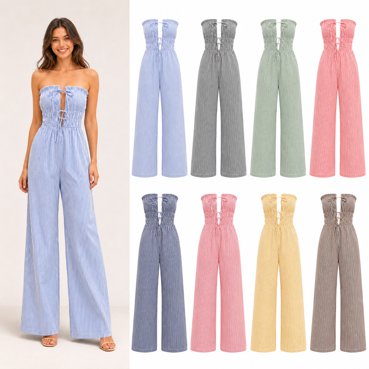 Women's striped strapless wide-leg jumpsuit mixed eight pack