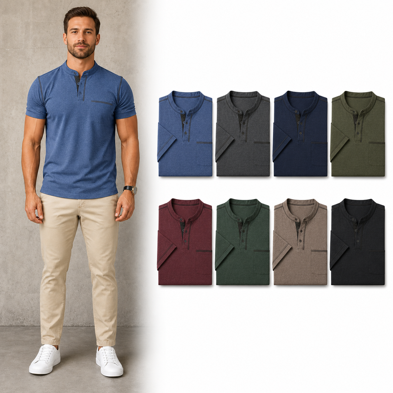 Eight color men's short sleeve Henley shirt set