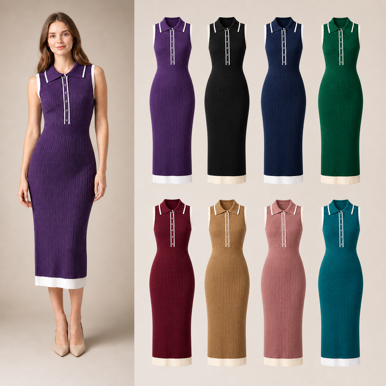 Women's contrast-trim knit polo midi dress mixed eight pack