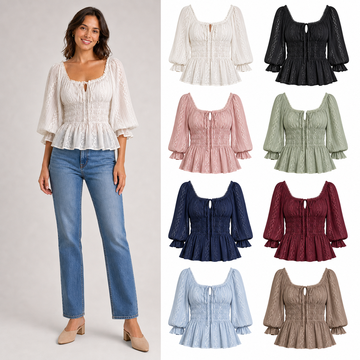 Women's square-neck smocked-waist lace blouse mixed eight pack
