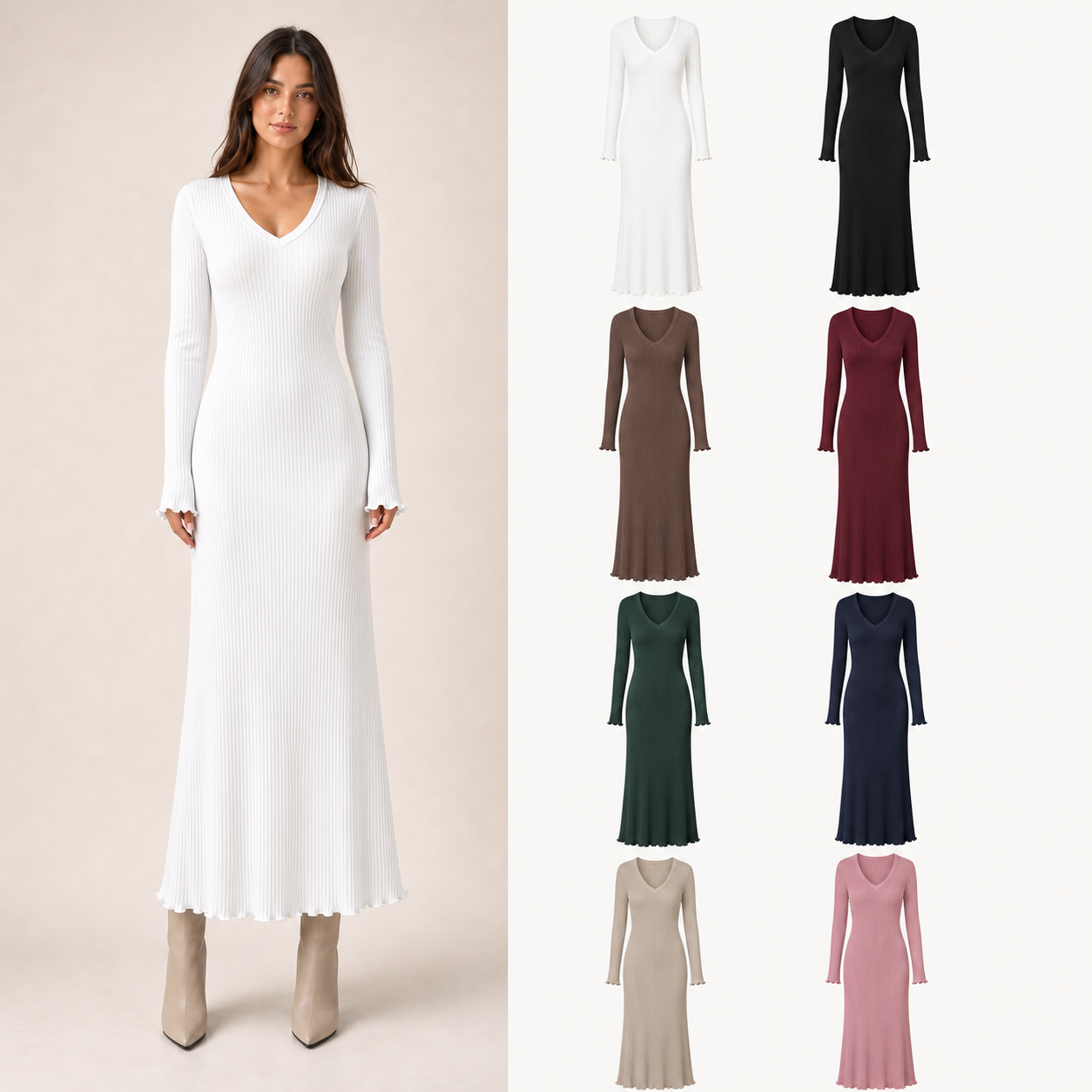 Women's ribbed V-neck fitted maxi dress mixed eight pack