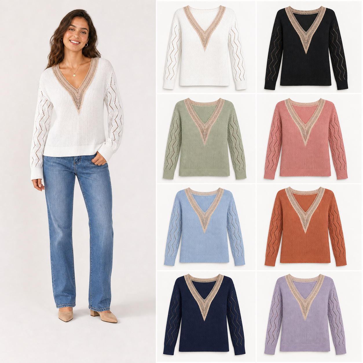 Women's crochet V-neck openwork knit top mixed eight pack
