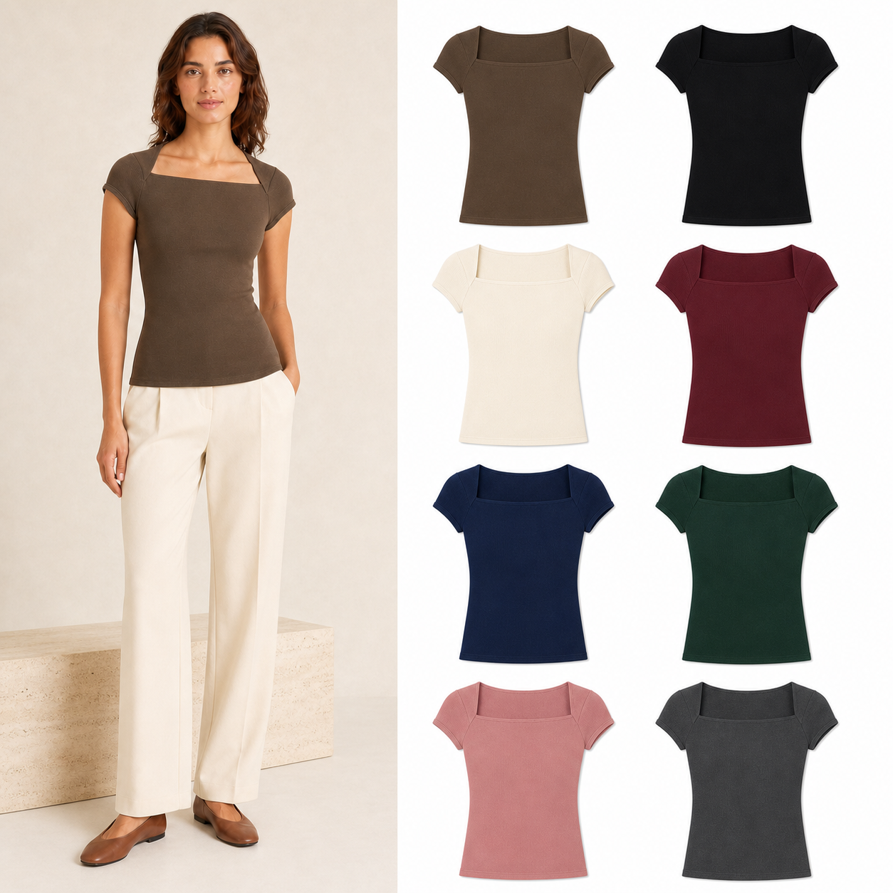 Women's square-neck ribbed fitted top eight-color pack