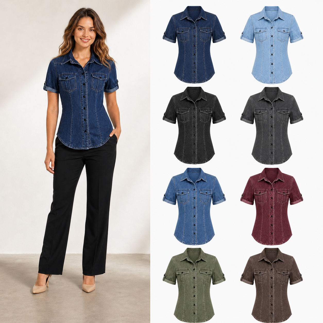 Women's washed denim fitted short-sleeve shirt mixed eight pack