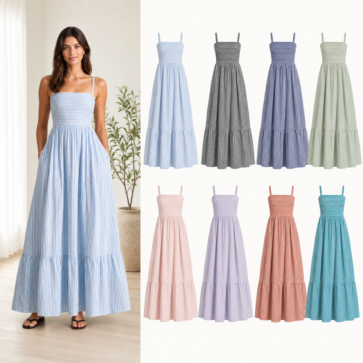 Women's striped spaghetti-strap tiered maxi dress mixed eight pack