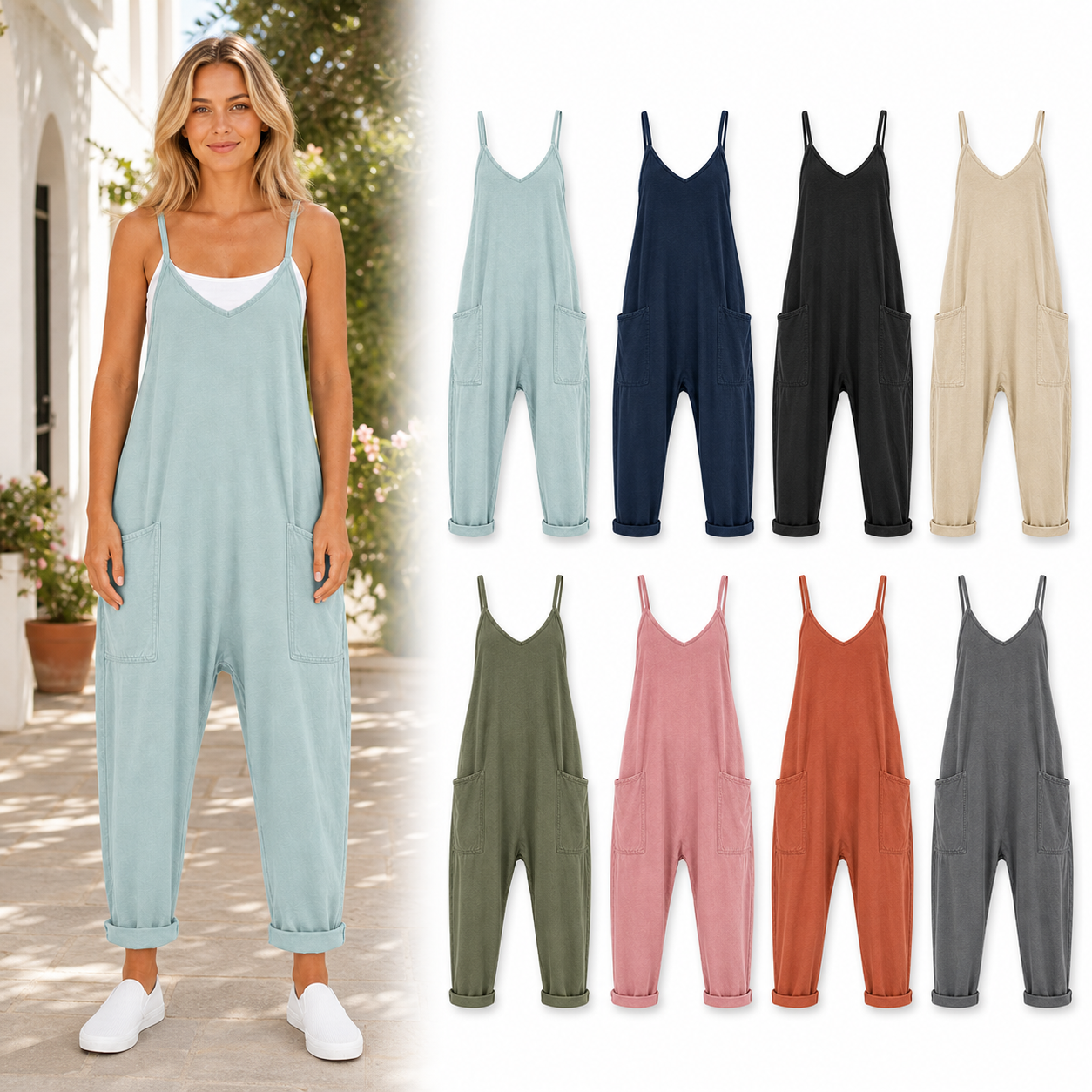 Eight-color women's relaxed pocket jumpsuit set