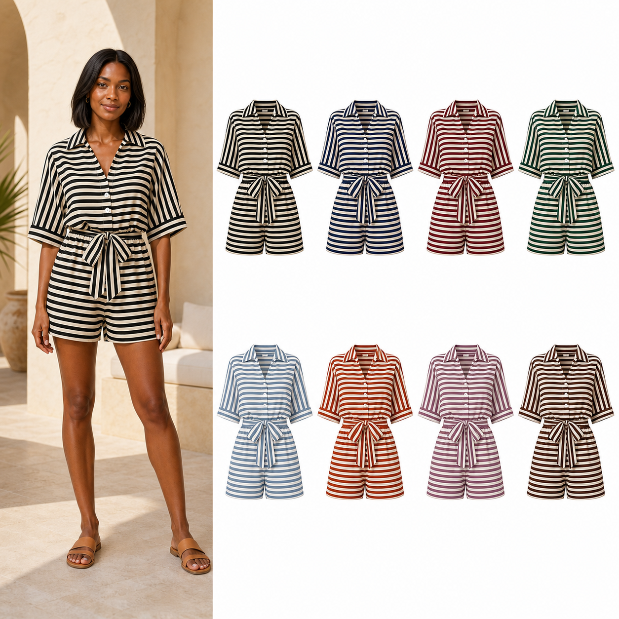 Women's striped shirt and shorts set mixed eight pack