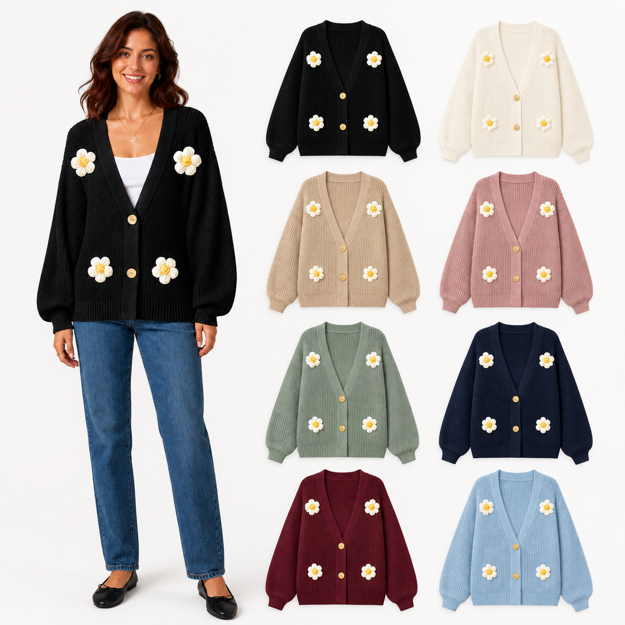 Women's 3D daisy cardigan mixed eight pack