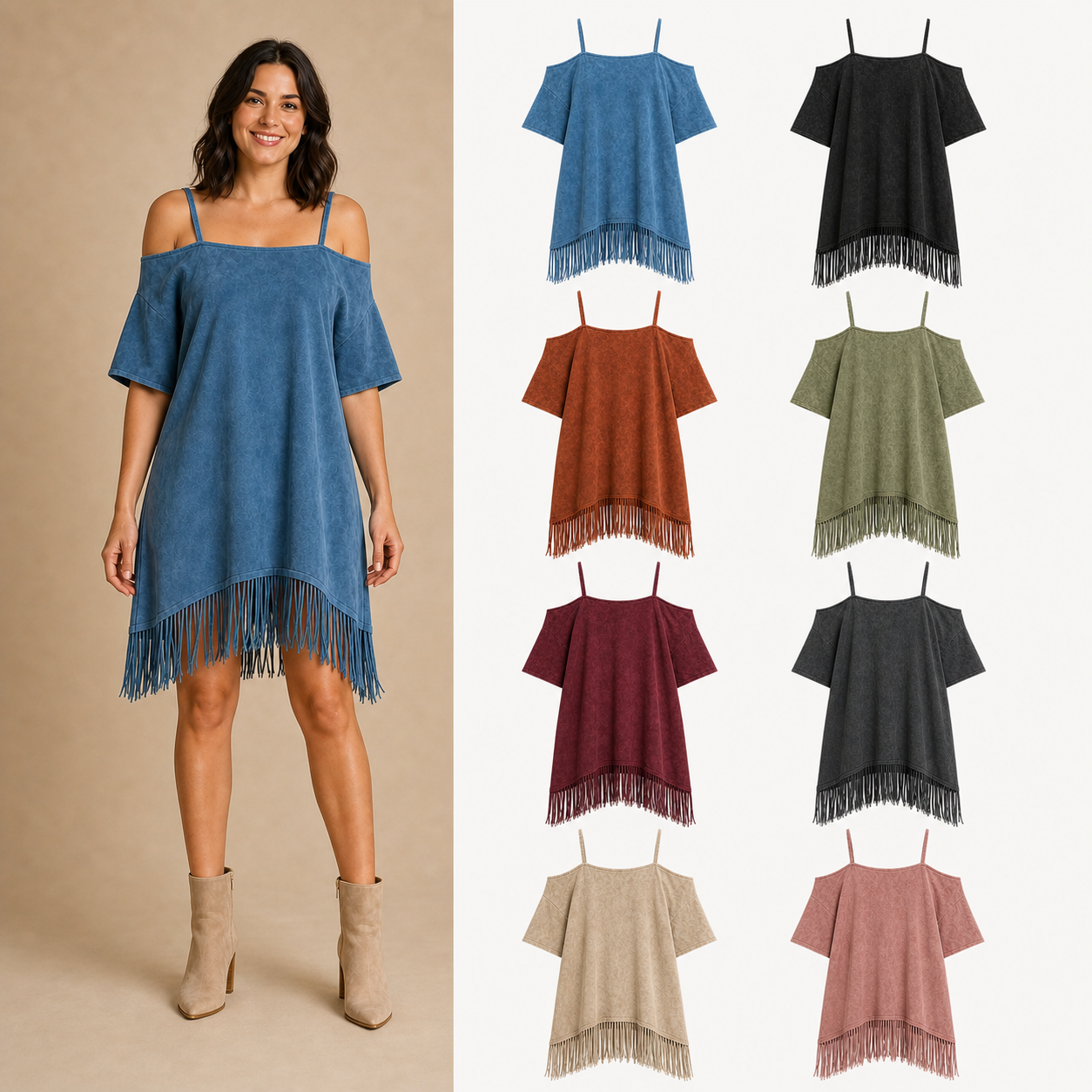 Women's washed cold shoulder fringe shift mini dress mixed eight pack