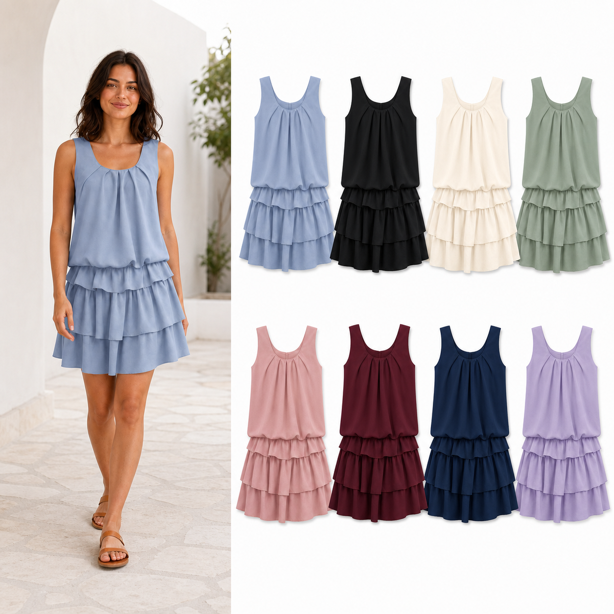 Women's pleated blouson tiered flounce mini dress mixed eight pack