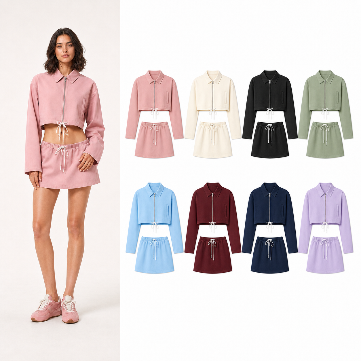 Women's cropped zip jacket and mini skirt set mixed eight pack