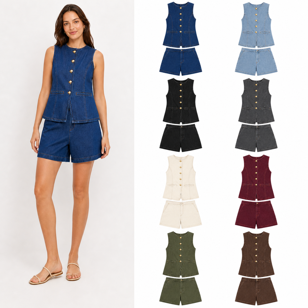 Women's denim vest and shorts coordinated set mixed eight pack