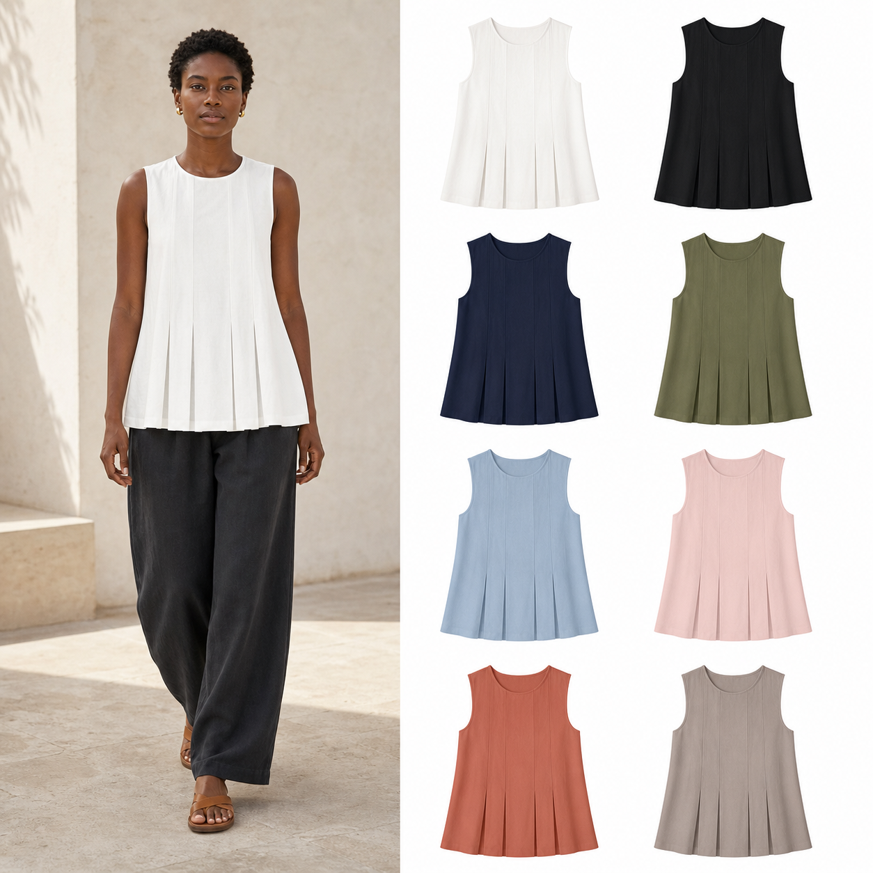 Women's pleated sleeveless A-line top mixed eight pack